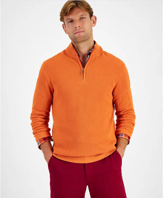 Men's Premium Orange Quarter-Zip Pullover Sweater