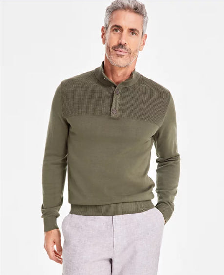 Men’s Olive Knit Button-Up Sweater