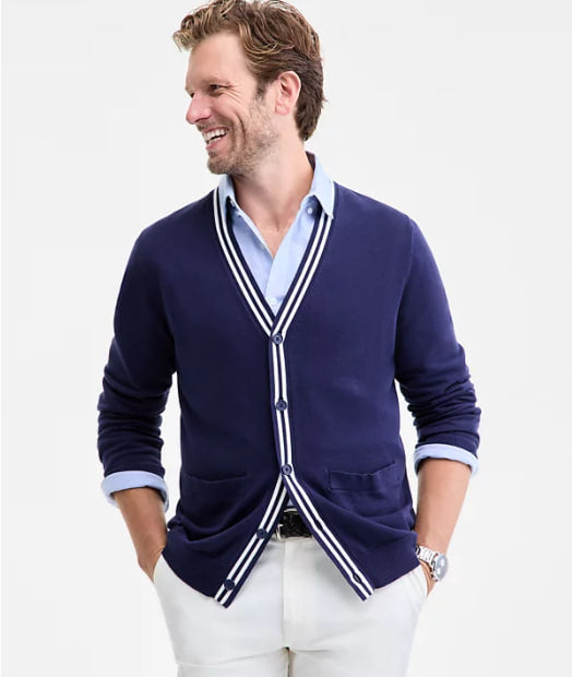 Men’s Classic Navy Cardigan with Striped Trim