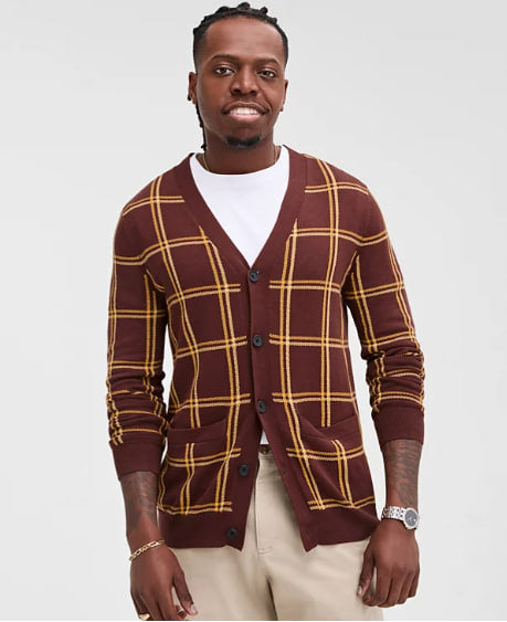 Brown & Yellow Plaid Cardigan Sweater