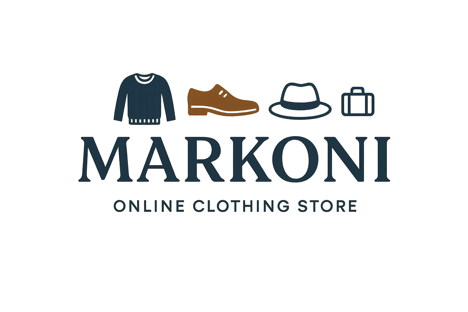 can you generate a simple image about online cloth shopping site the name of my shopping site is markoni and I also sale shoe, hat, skirts, suitcase generally all leather and cotton cloths. I sale sweaters with cheap price and can you give me a very simple and catchy logo for this online shopping site. 